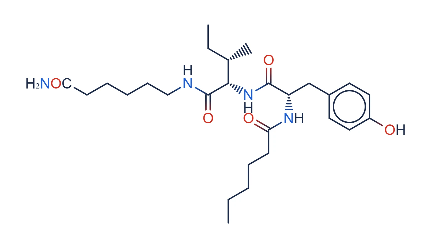 Chemical structure of Dihexa (hexanoyl-Tyr-Ile-Ahx-NH2)
