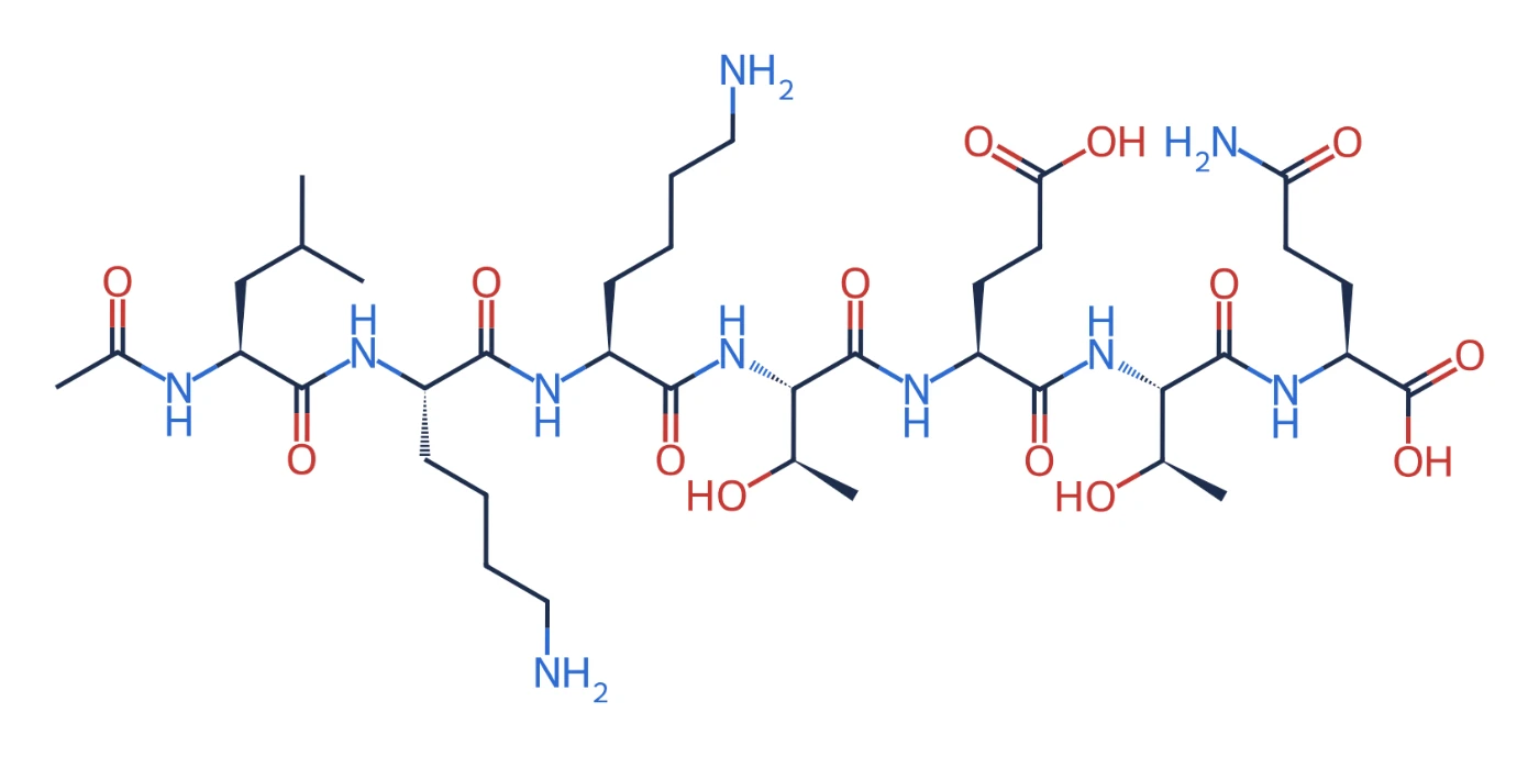 Chemical structure of TB-500 (Ac-LKKTETQ), the acetylated actin-binding fragment of thymosin beta-4
