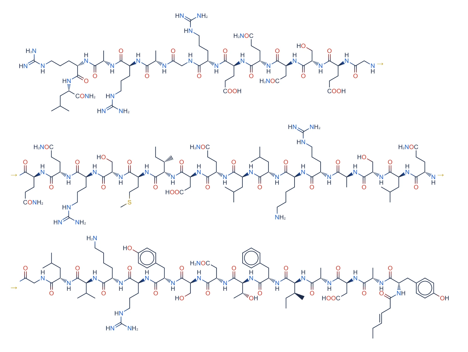 Chemical structure of Tesamorelin (hexenoyl GRF 1-44 amide)