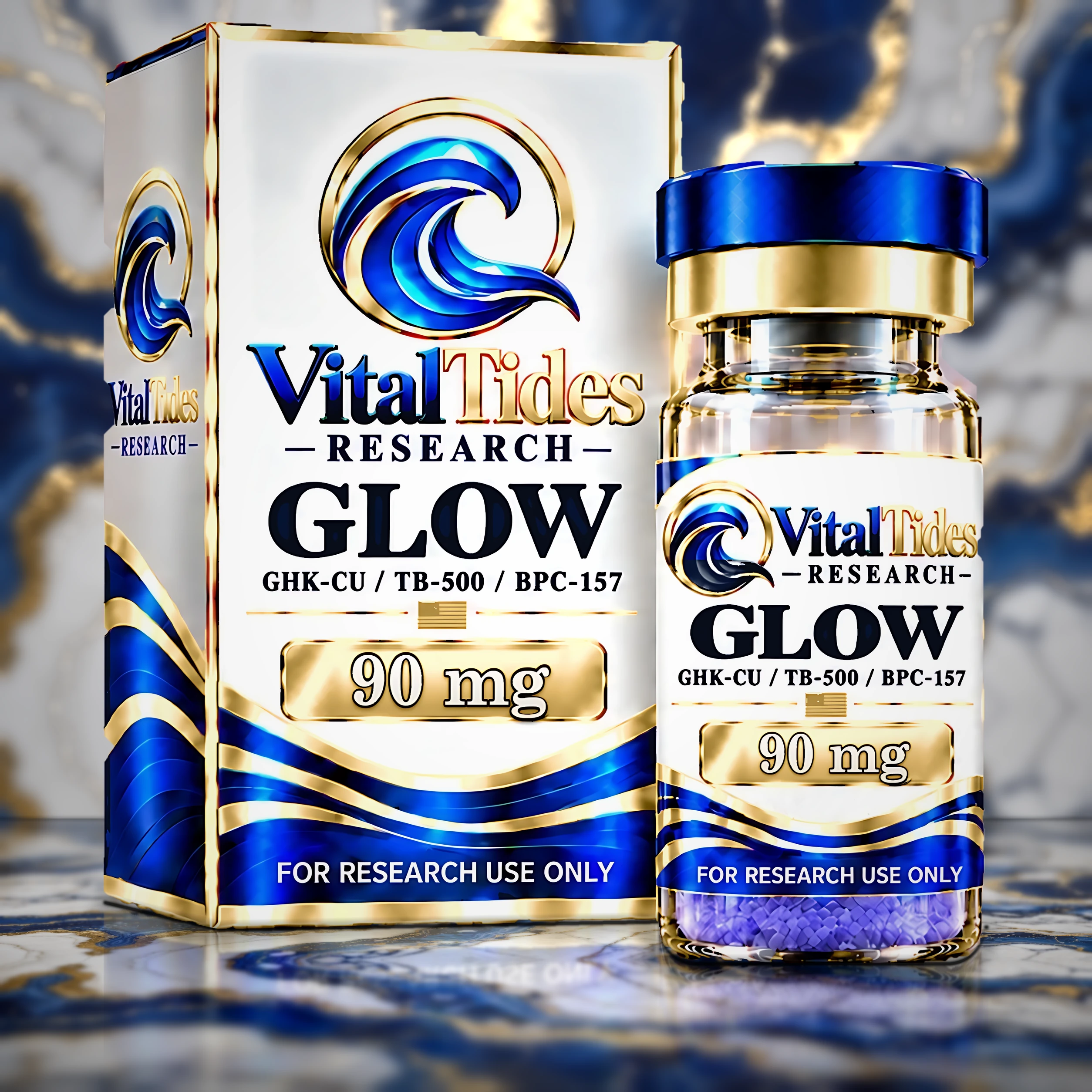 Vital Tides Research GLOW GHK-Cu, TB-500 and BPC-157 70/10/10 mg (90 mg) lyophilized research peptide blend vial and box