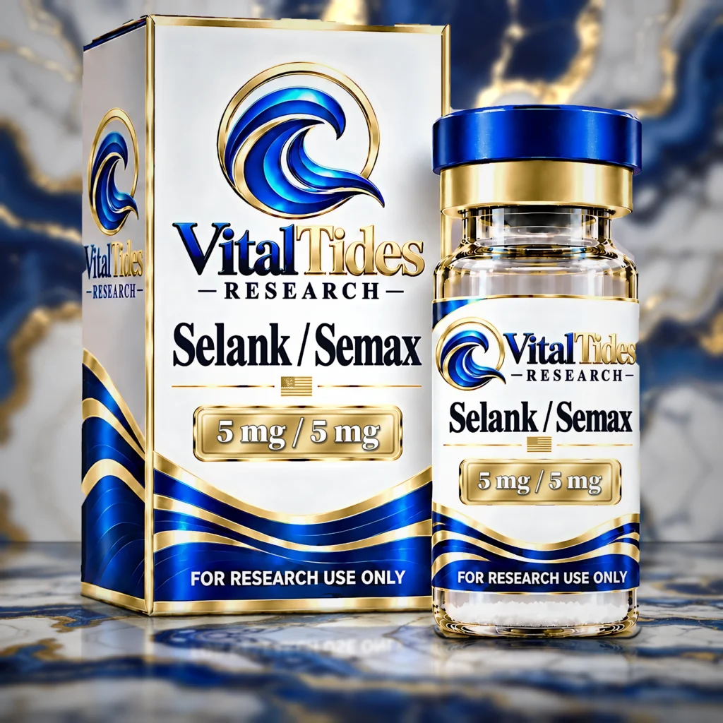 Vital Tides Research Selank / Semax 5 mg / 5 mg lyophilized research peptide blend vial and box