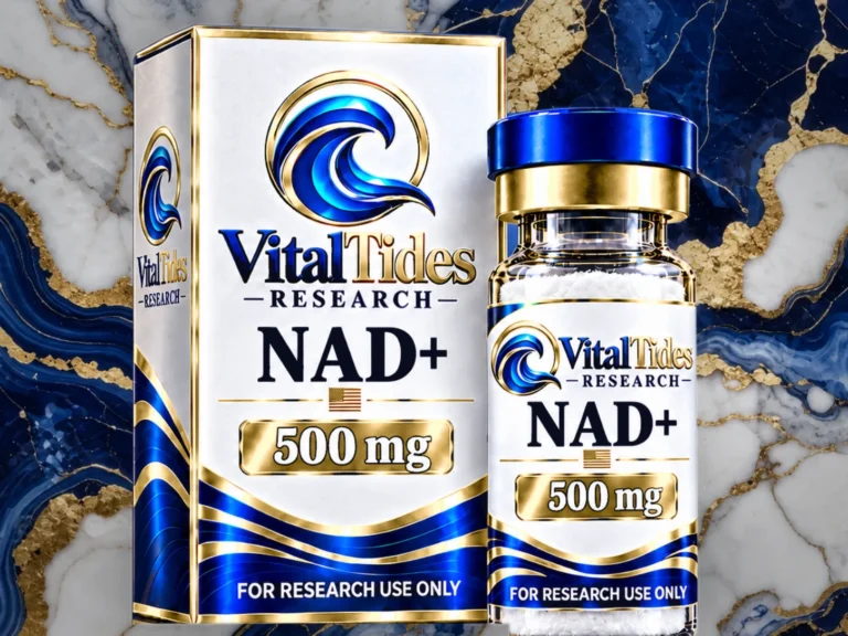 Vital Tides Cellular & Mitochondrial Research research peptides: NAD+ 500 mg box and vial