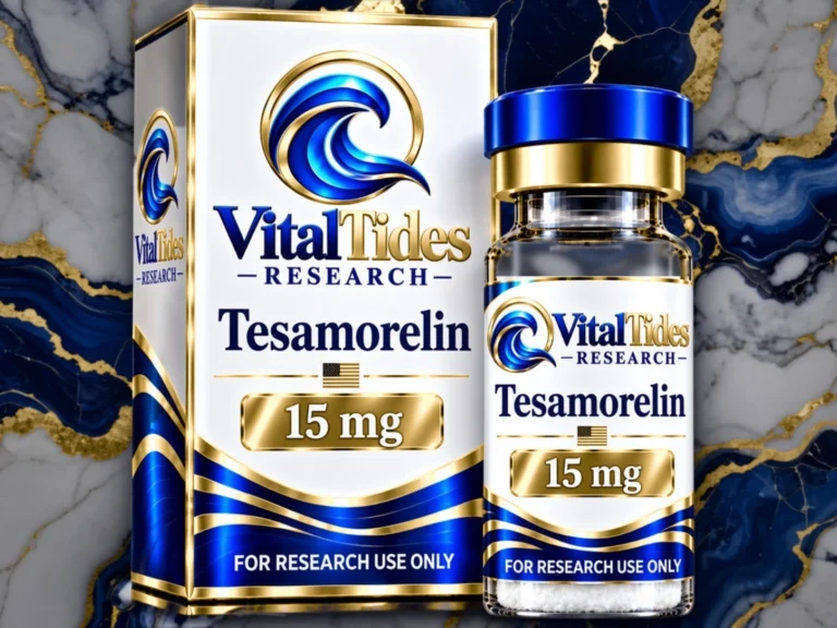Vital Tides Tesamorelin research vial and box on blue and gold marble
