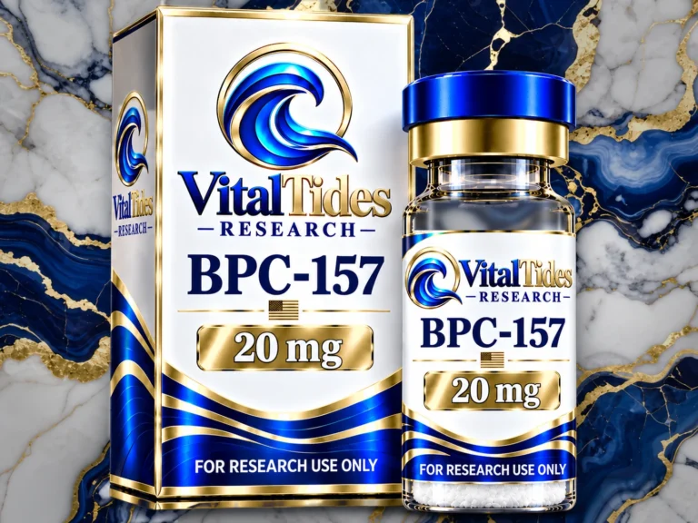 Vital Tides BPC-157 research vial and box on blue and gold marble